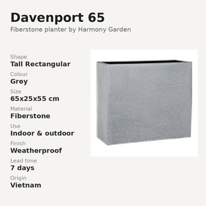 Jardinière rectangulaire haute Davenport 65 en Fiberstone gris 65x25x55cm, grand pot de fleurs d'intérieur et d'extérieur résistant aux intempéries, Vietnam - Product Image 3