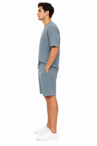 Conjunto de Camiseta y Pantalones Cortos Oversize Azul Polvoriento para Hombre, 100% Algodón Terry, Ropa Casual de Verano, Transpirable, Tejido de Punto, Ecológico - Product Image 2
