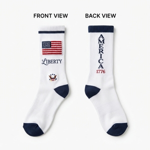 Premium Men's Spandex/Polyester/Cotton 115 GSM Quick Dry Crew Casual <b>Socks</b> White Navy Red Stripe Woven Patch Logo Custom - Product Image 3