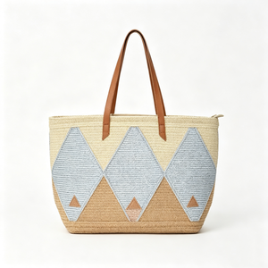 Customized Diamond patchwork woven tote <b>bag</b>,geometric straw shoulder shopper,multi‑tone woven <b>basket</b> tote with faux‑leather - Product Image 6
