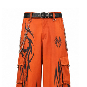 Pantalones Cargo Góticos Naranja para Hombre con Estampado de Motocicleta, Corte Ancho, Cinturón de Cadena y Múltiples Bolsillos - Product Image 3