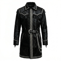 Manteau long en cuir véritable noir à franges et cloutures pour homme, style western, vente en gros, fournisseur