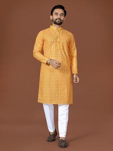 Kurta Tradicional de Algodón Premium para Hombre, Sin Arrugas, con Bordado Lucknowi y Estampado Digital, para Bodas y Festividades Diwali - Product Image 4