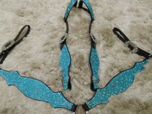 Bleu Strass Cristal Cheval Tack Ensemble Complet Headstall Plaque De Poitrine En Cuir Véritable Léger Saisonnier Cheval Débarrasser Équipements - Product Image 2