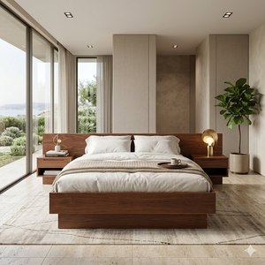 Mid Century Modern Wooden Platform <b>Bed</b> Frame Solid Wood King <b>Size</b> Bedroom Sets Integrated Floating Nightstands Luxury Hotel - Product Image 1