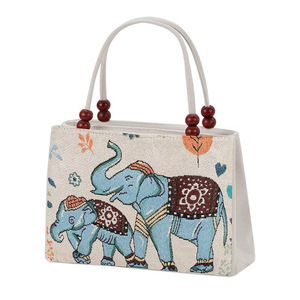 Bolso de Lona Vintage con Estampado de Elefantes, Asas de Correa con Cuentas, 28x21x9cm, Multicolor, Doble Abertura Superior - Product Image 3