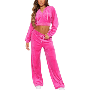 <b>Pink</b> Velvet Cropped Hoodie And Jogger Pants <b>Set</b> Full Zip Long Sleeve Loose Fit Casual Two Piece <b>Tracksuit</b> - Product Image 1