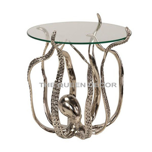 Octopus Design Aluminum Metal With Glass Top Round Shape Use <b>Side</b> <b>Table</b> For Living Room And Home Decor Accents - Product Image 1
