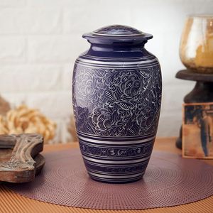 Urne funéraire en céramique en forme de larme, motif floral bleu classique, hermétique, pour commémorer votre chien - Product Image 1
