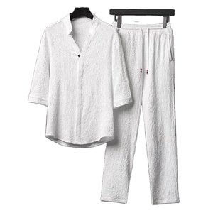 Vintage Button <b>Tops</b> Mens Two Piece Set Summer Casual Shirt and Pants Suits Outfit for Men Solid Color Tracksuit Leisure Clothing - Product Image 3