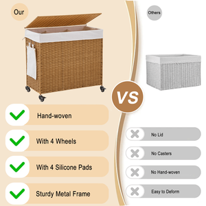 Cesto Portabiancheria in Rattan Intrecciato a 3 Sezioni da 165L con Coperchio e Ruote - Product Image 3