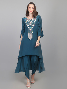 Elegant Party Wear Peacock shade Dhoti Kurta Set with <b>Thread</b> and <b>beads</b> work Designer Edition Casual Wear - Product Image 2