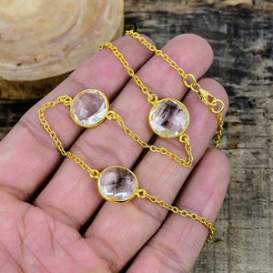 Natural Clear Quartz Round Shape Charm Gemstone <b>Chain</b> Necklace 18k Gold Micron Over 925 Sterling Silver - Product Image 1
