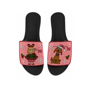 Sandales plates à bout ouvert personnalisées pour femmes, sur le thème de Noël, avec des motifs Casse-Noisette et Grinch, ornées de perles et rembourrées - Product Image 4