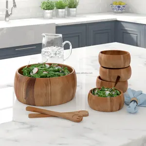 Bol et cuillères pour légumes en bois de manguier rustique moderne, saladier artisanal écologique pour servir les légumes - Product Image 2