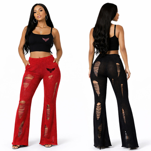 Pantalones de punto desgastados para mujer al por mayor con logo personalizado, de pierna ancha, rasgados, de cintura alta, estilo lounge, casual, streetwear, acampanados - Product Image 1