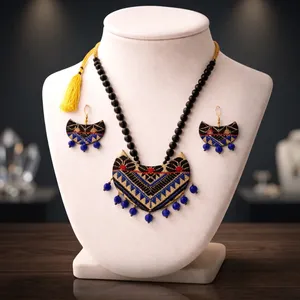 Handmade Traditional Gamusa <b>Blue</b> Black Muga Silk <b>Necklace</b> Set Fine Jewelry with Tribal Design - Product Image 6