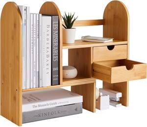 Teak Wood Desktop Organizer Arched Side Panel Tabletop Bookshelf with 2 Drawers - Product Image 1