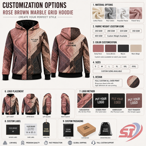 Sudadera con capucha al por mayor de marca privada, color marrón mármol, con cremallera completa, estampado personalizado, logotipo OEM, proveedor de ropa urbana de moda - Product Image 5