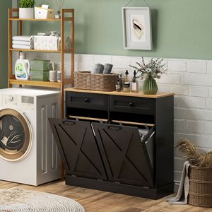 Mobiletto da Bagno Nero Ribaltabile con 2 Cestini Rimovibili e 2 Cassetti per Organizzazione del Cesto della Biancheria - Product Image 2