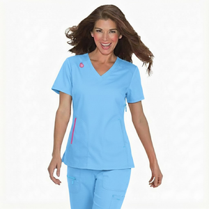 Haut de blouse médicale marron à col en V pour femme avec poches, uniforme d'hôpital en tissu tissé coton-polyester - Product Image 6