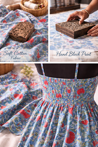 Robe d'été en coton pour femme, col en V, bretelles, boutonnée, longueur genou, dos smocké, poches latérales, imprimé floral fait main, tenue d'été - Product Image 4