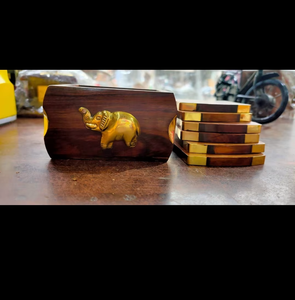 Sheesham Wood Tea Coaster Set <b>Elephant</b> Design Brass Inlay Drink Coasters for Dining <b>Table</b> Decor Gift Home Use - Product Image 2