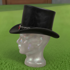 Chapeau haut de forme en cuir noir fait main de qualité supérieure, style gothique steampunk, avec chaîne de pierres rouges, pour festival, costume de motard - Product Image 2