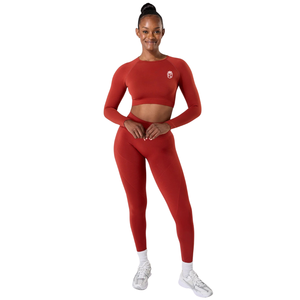 Top Corto Deportivo de Manga Larga sin Costuras para Mujer, Color Rojo Ladrillo, Alta Elasticidad, para Entrenamiento, Yoga, Ejercicio, Ropa Deportiva - Product Image 3