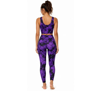Ensemble de yoga 2 pièces pour femme, violet et noir, avec leggings taille haute et crop top dos nageur à col rond, en Spandex et Polyester sans couture - Product Image 4