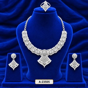 Geometric Platinum Plated Alloy Zircon Jewelry Set Necklace Earrings Ring Women's Wedding Anniversary Trendy Style A-23505 - Product Image 1