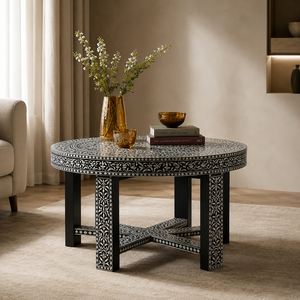 Handmade Solid Wood Round Bone Inlay Industrial Coffee Table & <b>Sideboard</b> Carved Floral Design for Living/Dining Room Furniture - Product Image 2
