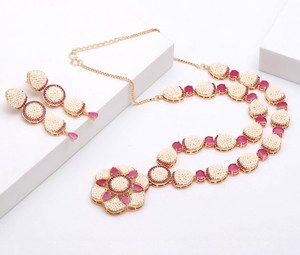 RAY FINE ORNATES 3 Layer Multi <b>Necklace</b> Set Pearl Coral <b>Ruby</b> Pink Gold Plated Vintage Indian Ethnic Bridal Wedding Jewelry IGI - Product Image 2