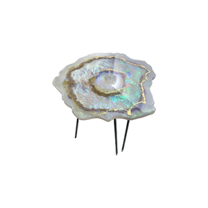 Modern Polished Ocean Style Epoxy <b>Wooden</b> Coffee & <b>Dining</b> <b>Table</b> with Iridescent Geode Top and Thin Metal Legs (<b>Round</b> Shape) - Product Image 1