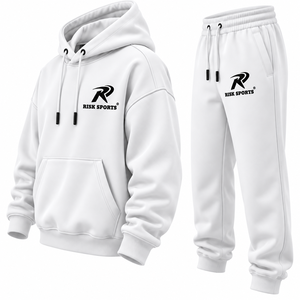 Ensemble de survêtement pour homme en coton/polyester avec capuche et cordon de serrage, logo sur le devant, blanc, pour l'hiver, jogging, sweat-shirt, pantalon de survêtement pour la salle de sport - Product Image 4