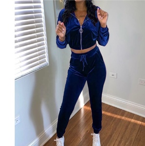 Wholesale zipper crop top <b>hoodie</b> with joggers trousers two piece set for women with your own logo - Product Image 3