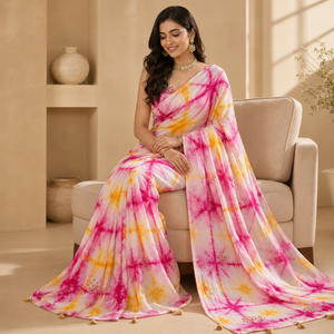 Sari de mariage vintage Tie Dye Jaipur Shibori rose jaune en modal, vente en gros, broderie miroir, vêtements de fête pour femmes, OEM - Product Image 2