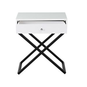 Comodino Koda da 23 pollici in legno bianco con piano in vetro, cassetto e base a croce in metallo - Product Image 4