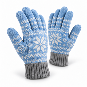 Guantes de Invierno Tejidos con Patrón de Copos de Nieve Azules y Blancos, Puño Gris, Resistentes al Frío, Lavables a Máquina, Material Acrílico - Product Image 5