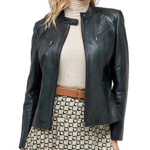 Women Leather Jacket Zip Up <b>Stand</b> Collar <b>Slim</b> Fit Zipper Chest Pockets Casual Outerwear 2026 - Product Image 4