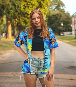 Camisa Hawaiana Azul de Manga Corta con Bolsillo Frontal, Estilo Casual, Temática Tropical Aloha, para la Playa, Venta al Por Mayor - Product Image 3