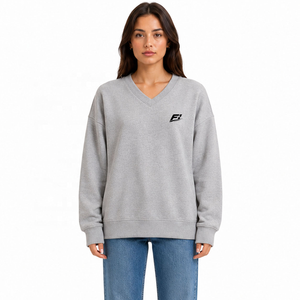 Sudadera de cuello en V para mujer, gris, manga larga, corte holgado, forro polar, estilo casual urbano, top de punto suave para compradores mayoristas - Product Image 1
