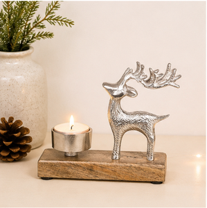 Handcrafted Silver Aluminum Reindeer Tealight Candle Holder With Natural Mango Wood Base For Christmas Holiday Table Decoration - Product Image 3