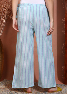 Elegantes Pantalones Palazzo de Algodón Khadi Teñido con Hilo, Rayas Azul Cielo, Pierna Ancha Acampanada, Cintura Elástica, Pantalones Casuales de Descanso - Product Image 6