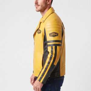 Blouson de moto vintage en cuir véritable pour homme, coupe ajustée, col rabattable, coupe-vent, respirant, logo frontal - Product Image 3