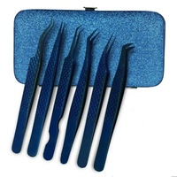 Pinzas para Pestañas con Punta Azul, de Acero Inoxidable, Herramienta de Precisión para el Cuidado de las Pestañas, Antiestáticas