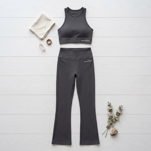 <b>Women</b> Ribbed Yoga Set Charcoal <b>Crop</b> Tank Sports Bra Flare <b>Leggings</b> Gym Fitness Workout Activewear Two Piece Set - Product Image 4