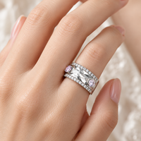 Faceted 925 Sterling Silver Zircon Band Ring with Two Pale Pink Round Stones and Clear Stone Edge Rows