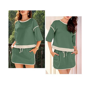 Conjunto de Pijama Casual de 2 Piezas para Mujer, Transpirable, para Estar en Casa, con Top de Cuello Redondo, Pantalones Cortos con Cintura Ajustable y Manga Corta - Product Image 4