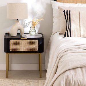 Black Rattan Nightstand Wooden <b>End</b> <b>Table</b> Bedside Cabinet Minimalist Bedroom Side <b>Table</b> - Product Image 1